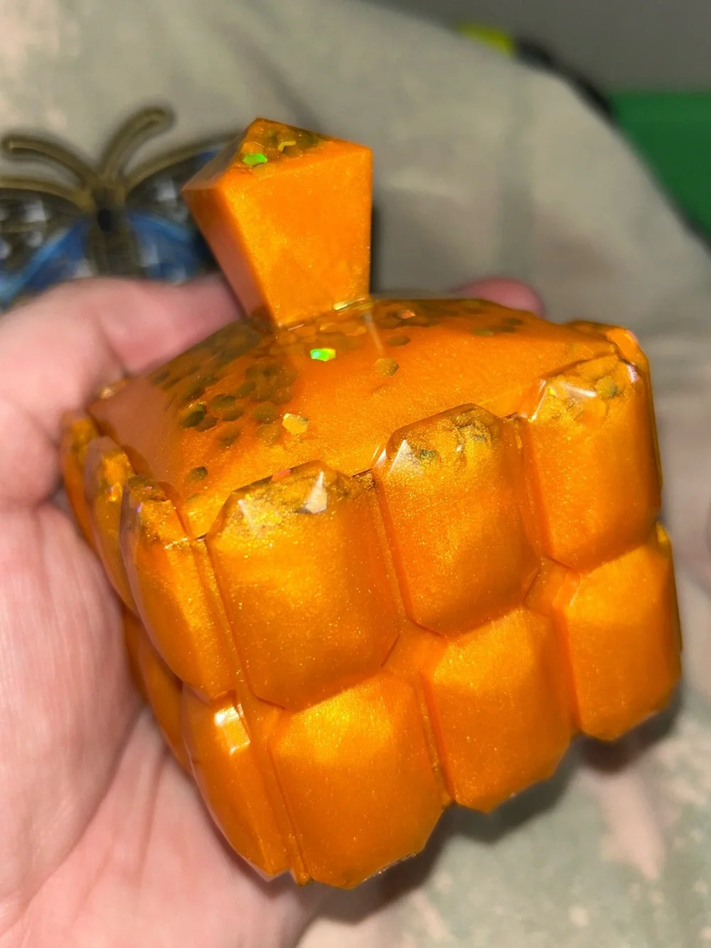 Handmade Orange Geometric Jewelry Storage Box with Gold Shiny Confetti Glitter